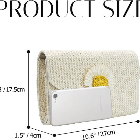 Beige Straw Daisy Flower Evening Clutch with Multi-Way Carry - Picture 2 of 6